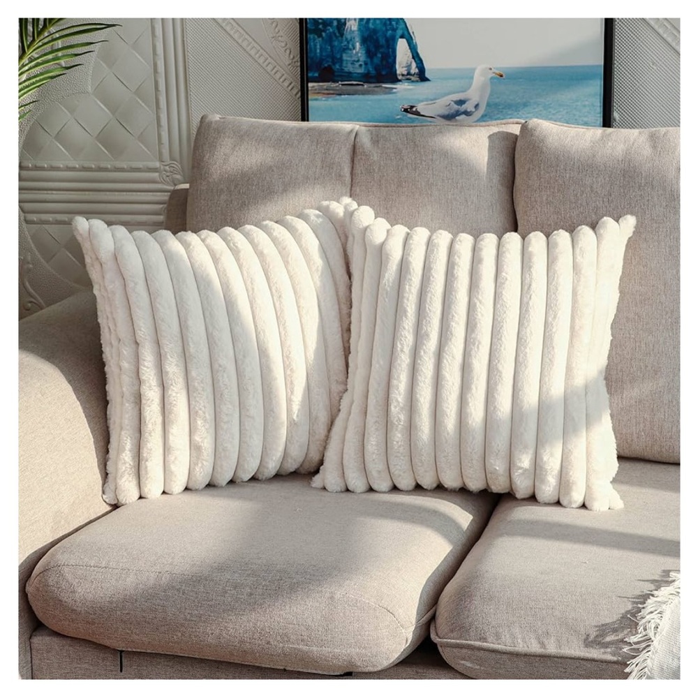 Faux Fur Striped Plush Square Decorative Throw Pillow (Cream White)